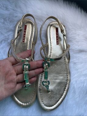 Prada Gold Leather Sandals with Green Accent Buckles